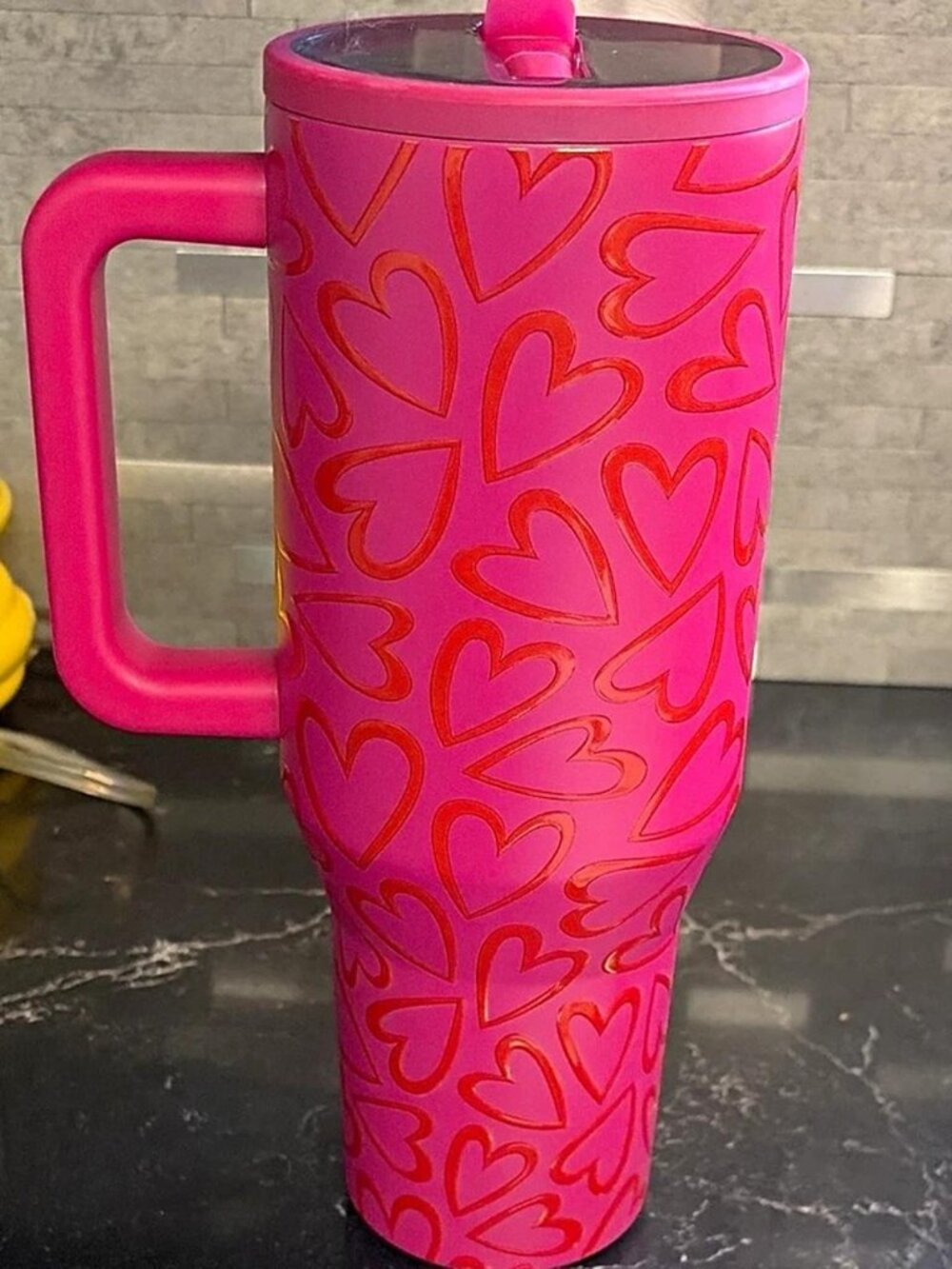 Pink with Raised Red Hearts Tumbler with Handle New